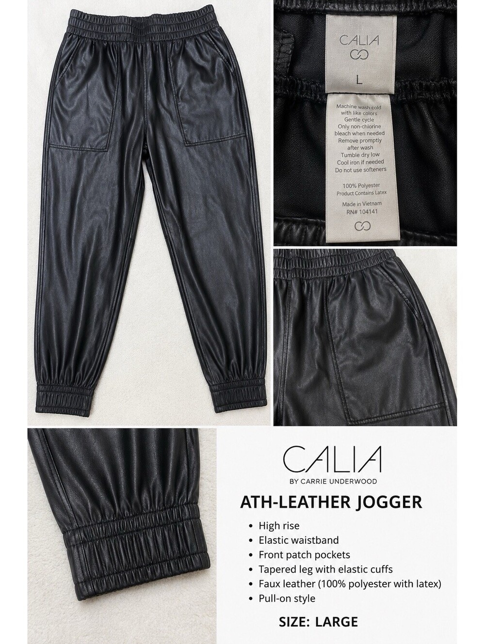 CALIA Ath-Leather Faux Leather High Rise Jogger Pants Black Size Large L